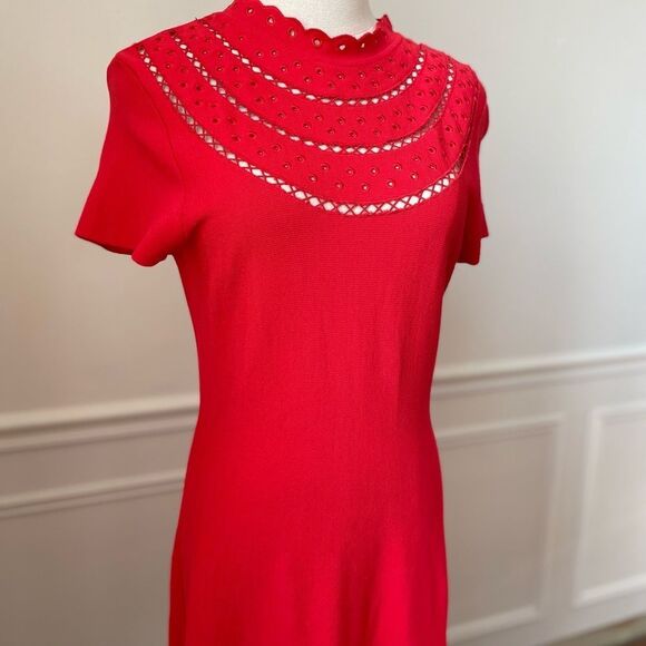 Eliza J Poppy Red Cap Sleeve Stretchy Knit Fit and Flare Dress M - Picture 2 of 9